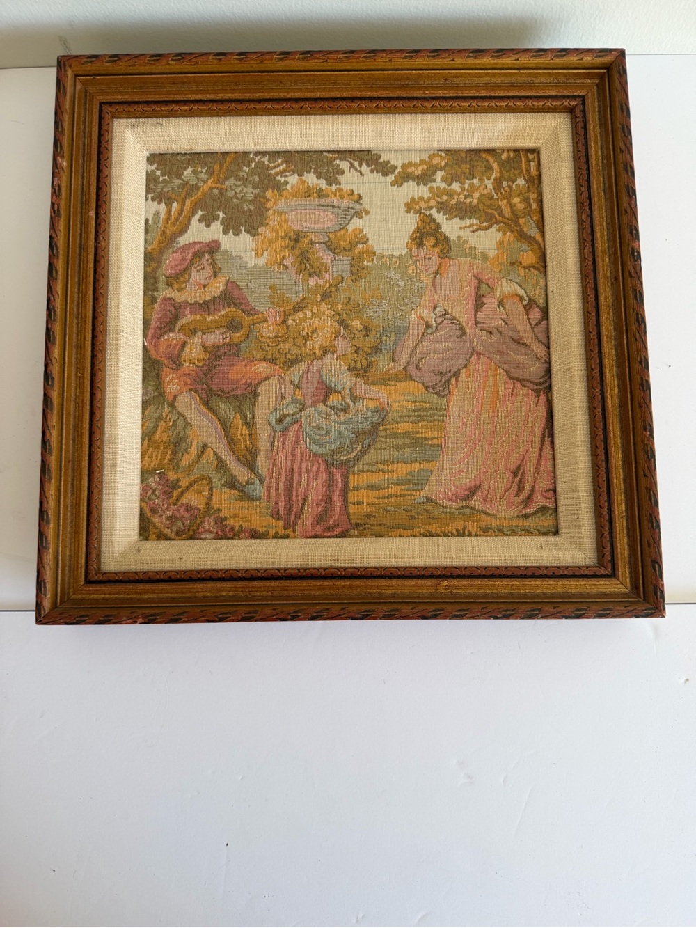 Vintage Framed Rococo Garden Tapestry – Excellent Condition, 11" x 11.5"